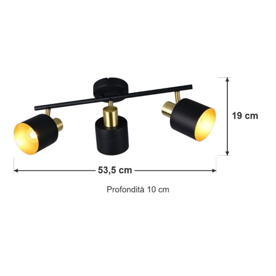 Plafoniera con 3 faretti orientabili moderna nera oro