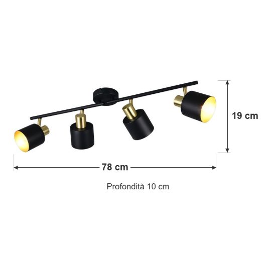 Plafoniera con 4 faretti orientabili moderna nera oro