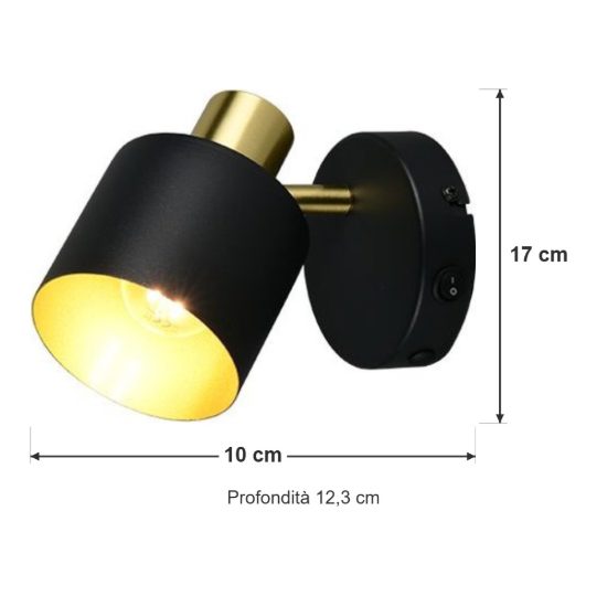 Applique per comodino camera da letto con faretto orientabile moderna nera oro interruttore