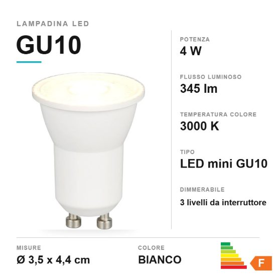 Lampadina led mini gu10 4w 3000k bianca dimmerabile con interruttore