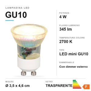 Lampadina led mini gu10 4w 2700k trasparente dimmerabile