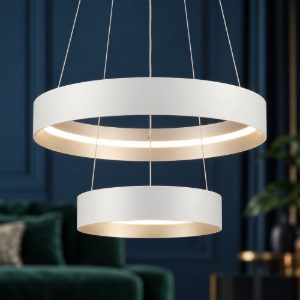 Lampadario a sospensione per salotto led 55w cct 2700k 6000k con telecomando bianco a doppio anello