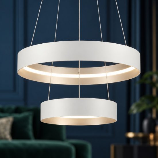 Lampadario a sospensione per salotto led 55w cct 2700k 6000k con telecomando bianco a doppio anello