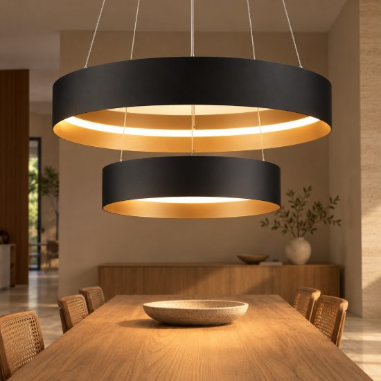 Lampadario a sospensione per sala da pranzo led 55w cct 2700k 6000k con telecomando nero a doppio anello