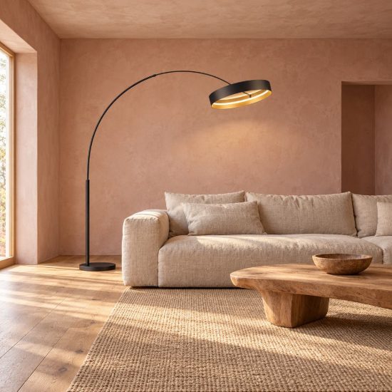 Lampada da terra ad arco led 32w cct 2700k 6000k con telecomando per soggiorno nera con anello