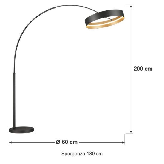 Lampada da terra ad arco led 32w cct 2700k 6000k con telecomando per soggiorno nera con anello