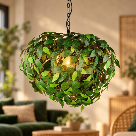 Lampadario a sospensione 4 luci per soggiorno moderno nero con foglie lavabili verdi