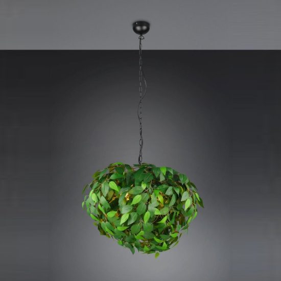 Lampadario a sospensione 4 luci per soggiorno moderno nero con foglie lavabili verdi