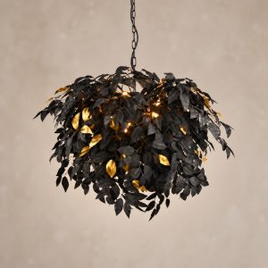 Lampadario a sospensione 4 luci per soggiorno moderno nero con foglie lavabili nere oro