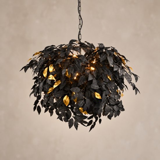 Lampadario a sospensione 4 luci per soggiorno moderno nero con foglie lavabili nere oro