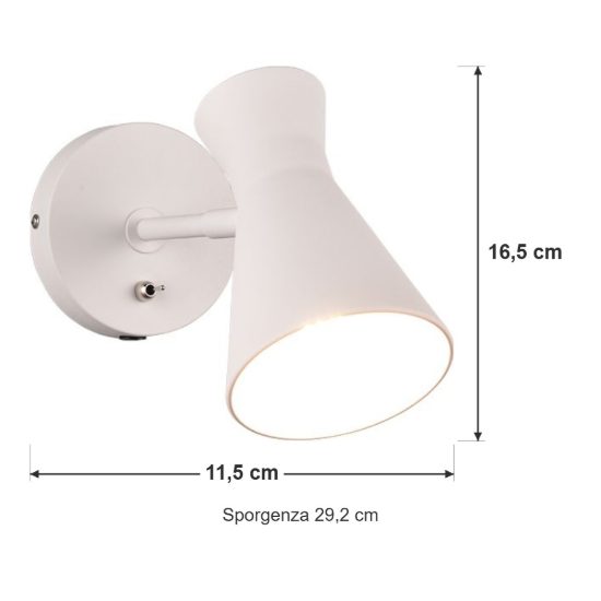 Applique per comodino camera da letto orientabile bianca con paralume a doppio cono interruttore