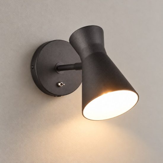 Applique per comodino camera da letto orientabile nera con paralume a doppio cono interruttore