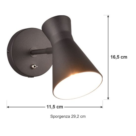 Applique per comodino camera da letto orientabile nera con paralume a doppio cono interruttore