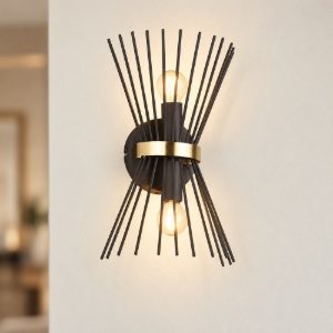 Applique per soggiorno 2 luci moderna a bacchette di metallo nera oro con luce su giu