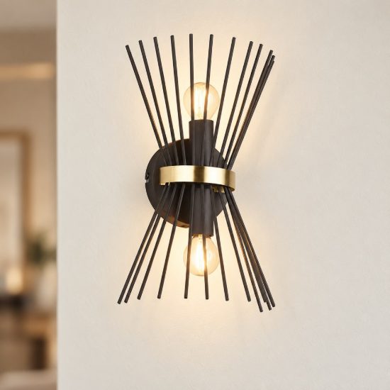 Applique per soggiorno 2 luci moderna a bacchette di metallo nera oro con luce su giu
