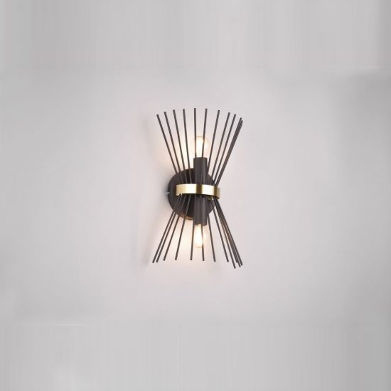 Applique per soggiorno 2 luci moderna a bacchette di metallo nera oro con luce su giu
