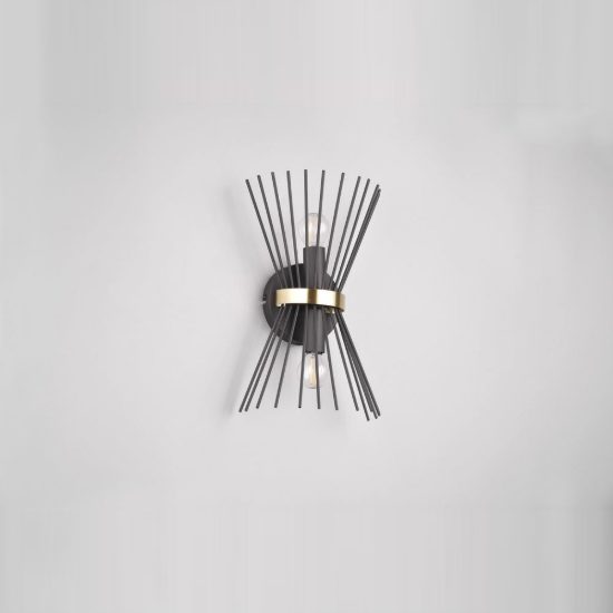 Applique per soggiorno 2 luci moderna a bacchette di metallo nera oro con luce su giu