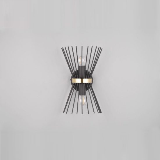 Applique per soggiorno 2 luci moderna a bacchette di metallo nera oro con luce su giu