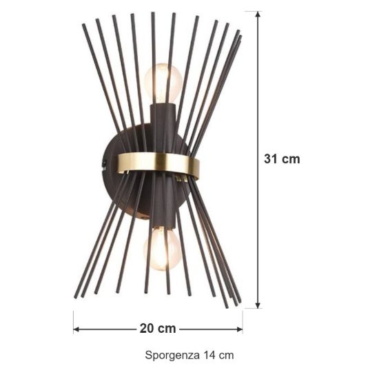 Applique per soggiorno 2 luci moderna a bacchette di metallo nera oro con luce su giu