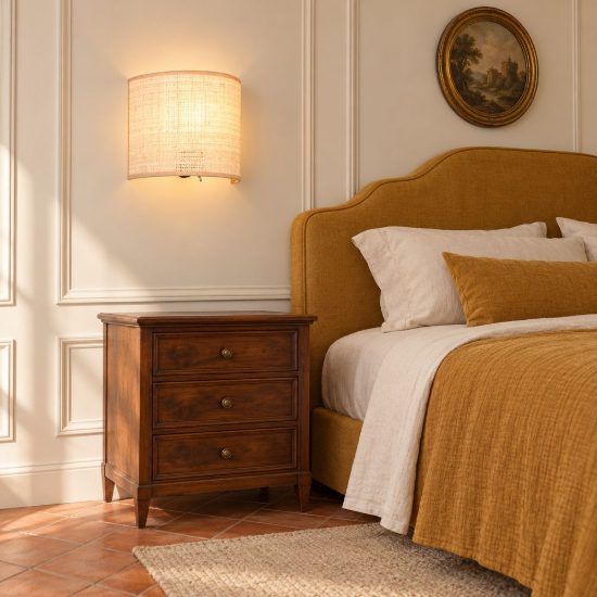 Applique per comodino camera da letto moderna nera con paralume in fibra naturale interruttore