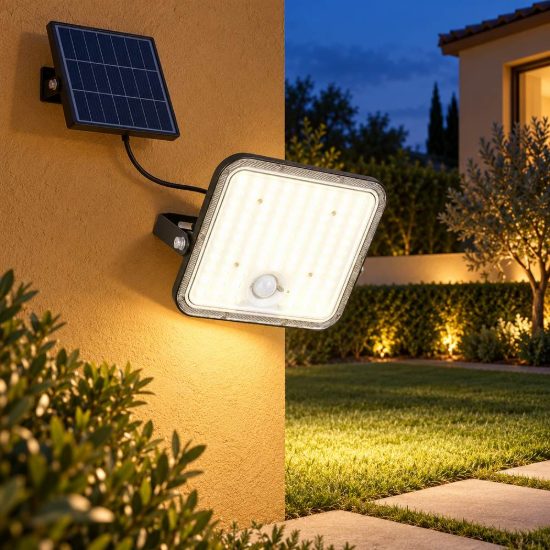 Proiettore solare da esterno led 18w 4000k con telecomando sensore di movimento ip65 nero
