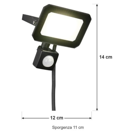 Proiettore da esterno led 20w 4000k con sensore di movimento ip44 orientabile nero