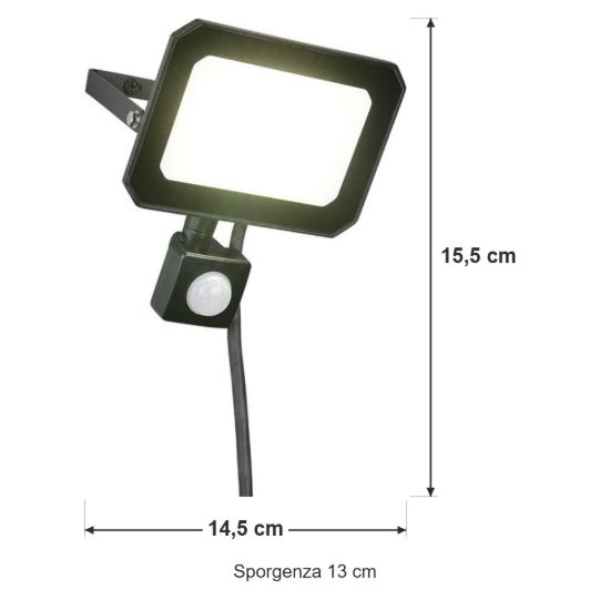 Proiettore da esterno led 30w 4000k con sensore di movimento ip44 orientabile nero