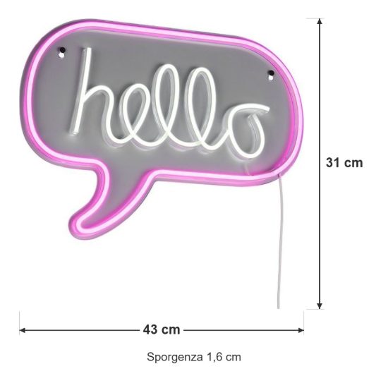 Applique per soggiorno led 5w usb-c decorativa a fumetto con scritta hello trasparente