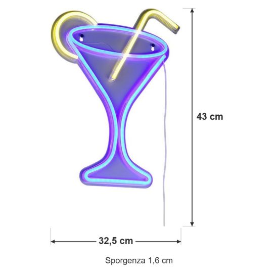 Applique per soggiorno led 5w usb-c decorativa a forma di bicchiere da cocktail effetto neon trasparente