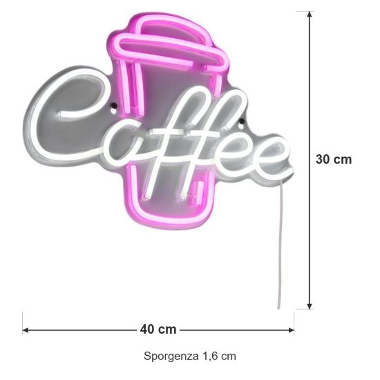 Applique per soggiorno led 5w usb-c decorativa a forma di tazza di caffe effetto neon trasparente