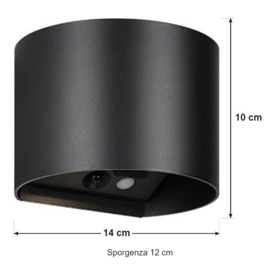 Applique da esterno ricaricabile led 2w 3000k con sensore di movimento ip44 stondata nera