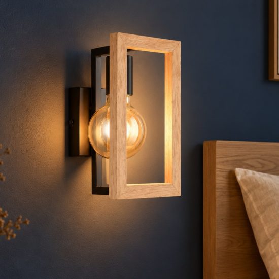 Applique per soggiorno moderna in metallo nero legno naturale