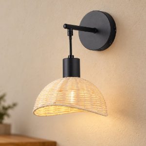 Applique per comodino camera da letto moderna nera con paralume in rattan naturale interruttore