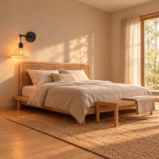 Applique per comodino camera da letto moderna nera con paralume in rattan naturale interruttore