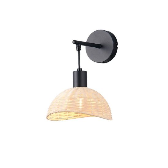 Applique per comodino camera da letto moderna nera con paralume in rattan naturale interruttore