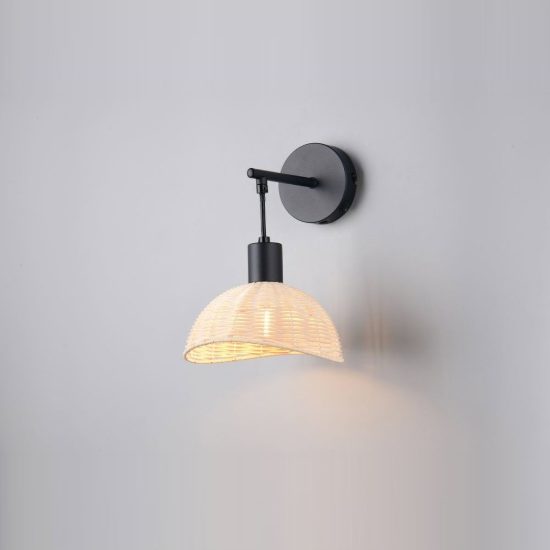 Applique per comodino camera da letto moderna nera con paralume in rattan naturale interruttore