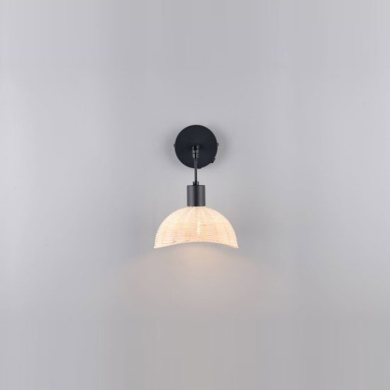 Applique per comodino camera da letto moderna nera con paralume in rattan naturale interruttore