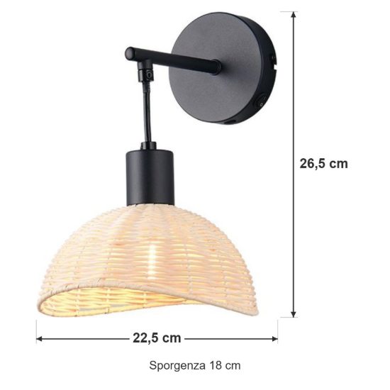 Applique per comodino camera da letto moderna nera con paralume in rattan naturale interruttore