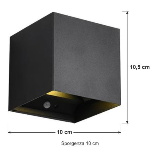 Applique da esterno ricaricabile led 1w 3000k con sensore di movimento ip44 cubica nera