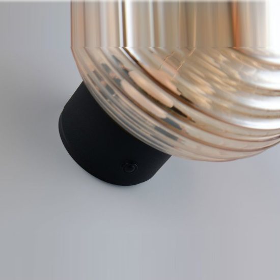 Applique per soggiorno ricaricabile led 1,5w 3000k touch moderna nera con vetro ambra