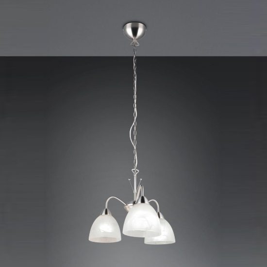 Lampadario a sospensione 3 luci per sala da pranzo moderno nichel opaco con vetro alabastro