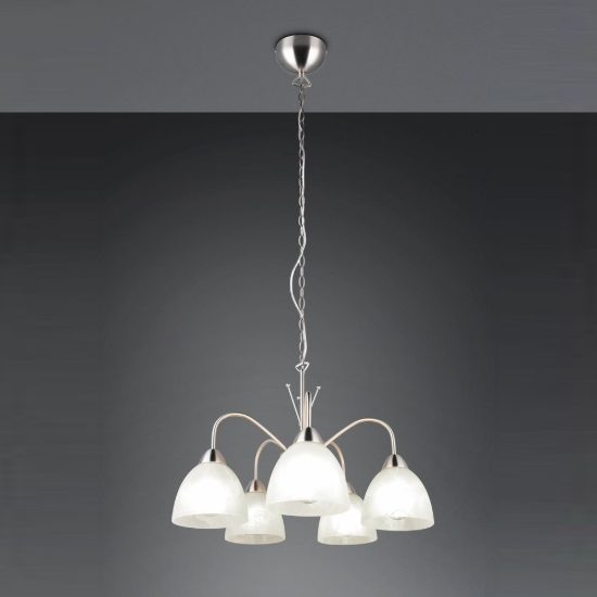Lampadario a sospensione 5 luci per sala da pranzo moderno nichel opaco con vetro alabastro