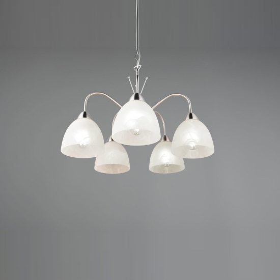 Lampadario a sospensione 5 luci per sala da pranzo moderno nichel opaco con vetro alabastro
