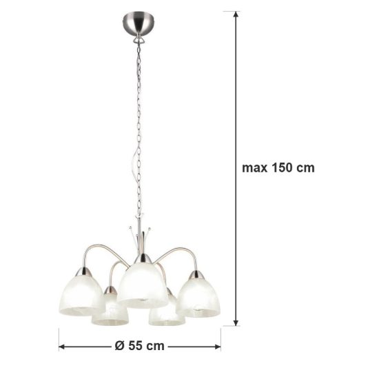 Lampadario a sospensione 5 luci per sala da pranzo moderno nichel opaco con vetro alabastro