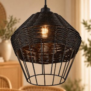 Lampadario a sospensione per sala da pranzo moderno in rattan nero