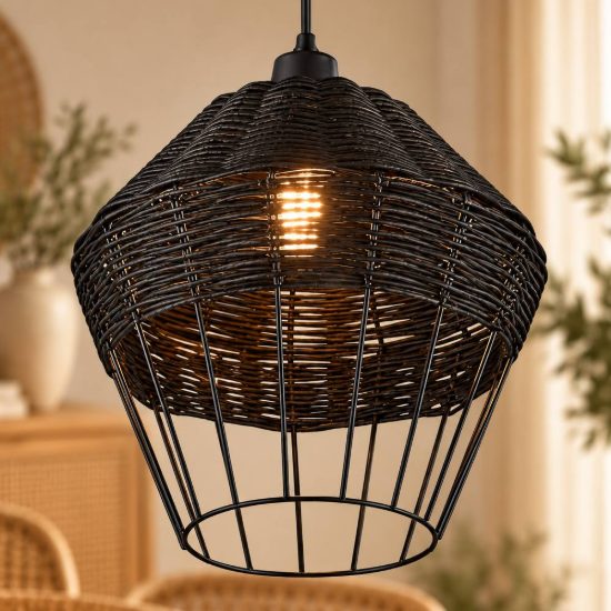 Lampadario a sospensione per sala da pranzo moderno in rattan nero