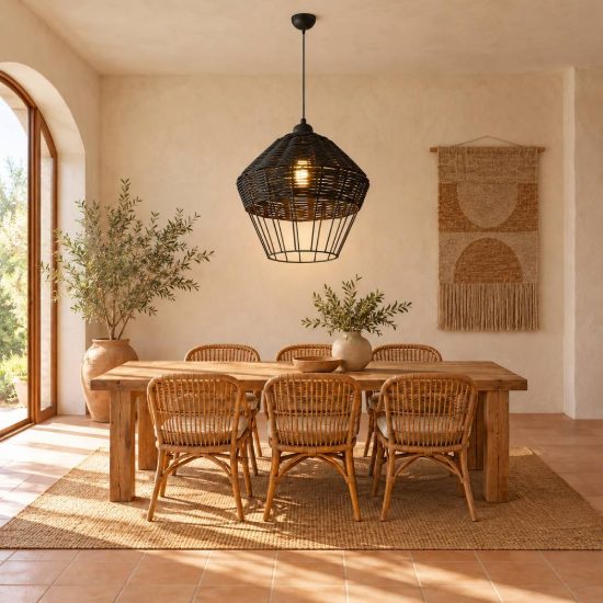 Lampadario a sospensione per sala da pranzo moderno in rattan nero
