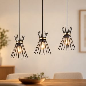 Lampadario a sospensione con 3 pendenti per cucina moderno a bacchette nero oro