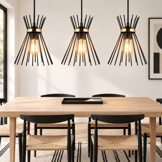 Lampadario a sospensione con 3 pendenti per cucina moderno a bacchette nero oro