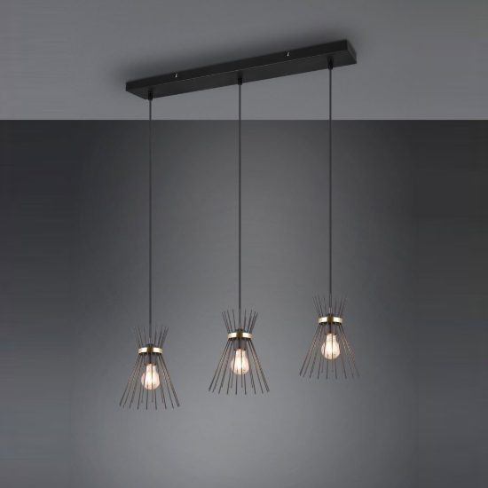 Lampadario a sospensione con 3 pendenti per cucina moderno a bacchette nero oro
